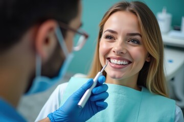 Young woman smiling during a dental checkup as the dentist examines her teeth with a dental tool in a modern clinic setting