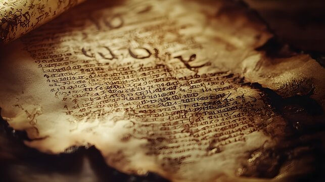 1. Aged parchment paper with burnt edges, ink smudges, and cryptic symbols, exuding an eerie mystery