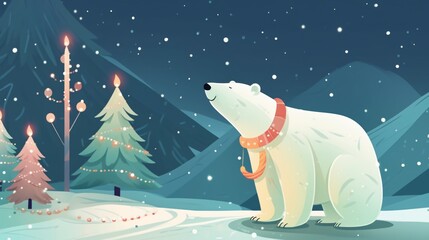 Polar Bear in Winter Wonderland Christmas Scene