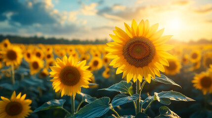 Fototapeta premium Sunflowers bloom at sunset in the field. Sunflowers stretch toward the sky as the sun sets, casting a golden glow over the vibrant field.