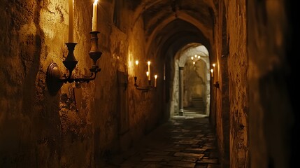 Fototapeta premium 9. A candlelit corridor in an ancient monastery, filled with eerie shadows dancing on stone walls