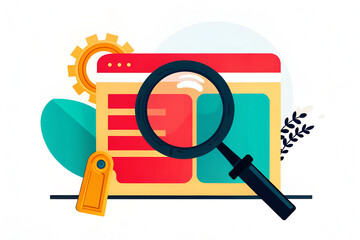 inbound marketing SEO personalization Digital illustration of a webpage with a magnifying glass, gears, and leaves, symbolizing search and technology.