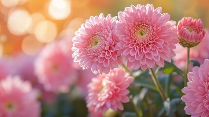 Fototapeta premium Delicate pink chrysanthemums blooming in a tranquil garden setting
