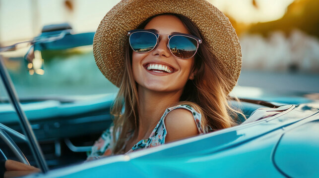 Smiling woman in a vintage car
