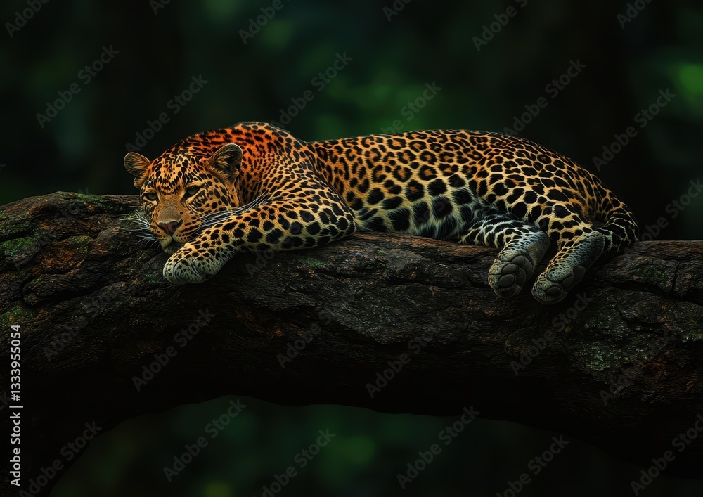 Aufkleber majestic leopard resting on tree branch in dense jungle setting showcasing vibrant spots and relaxed