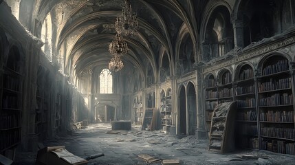 18. An abandoned gothic library with cobwebbed chandeliers, silent and haunted with time