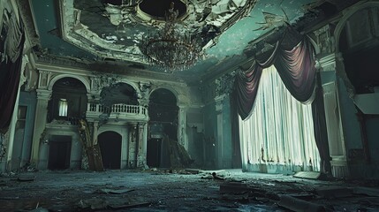 25. A grand, decayed ballroom with a shattered chandelier and torn curtains swaying eerily