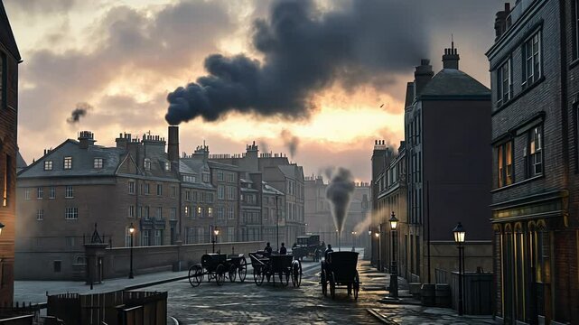 Victorian Era Street Scene with Horse-Drawn Carriages at Dusk