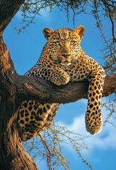Fototapeta premium Majestic Leopard Resting on Tree Branch in Lush Green Landscape Under Clear Blue Sky Capturing the Essence of Wildlife in Natural Habitat