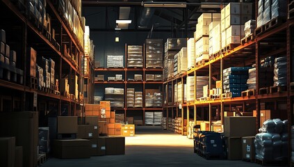 Exploring a Warehouse: Rows of Cardboard Boxes Stacked High in a Distribution Center, Illuminated by Sunlight.