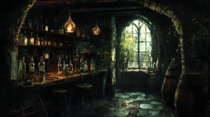 Fototapeta premium 41. A dimly lit potion shop filled with old glass bottles, strange herbs, and shadowy corners