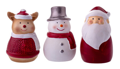 Snowman dolls, Santa Claus dolls, and teddy bears for Christmas decorations isolated on a transparent background