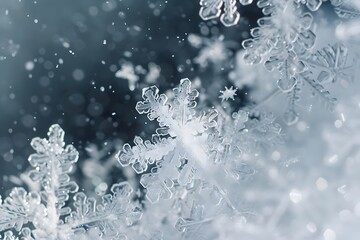 Intricate Ice Crystals: A Stunning Close-Up of Delicate Snowflakes Falling Gracefully in Winter Wonderland, Revealing Nature's Microscopic Beauty with Breathtaking Detail and Frozen Elegance.