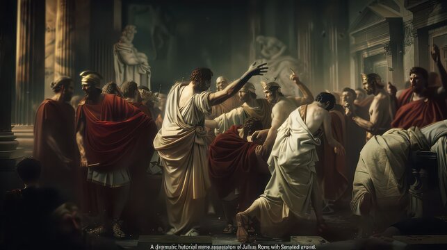 "A dramatic historical scene from the assassination of Julius Caesar in ancient Rome, with Senators gathered around