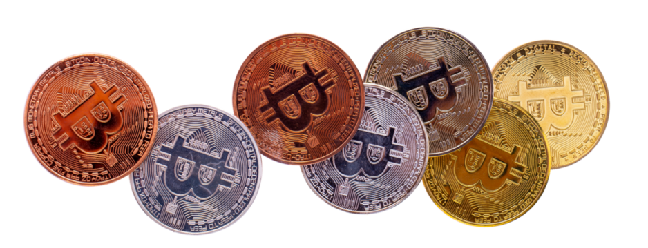 Gold bitcoin, silver bitcoin, and copper bitcoin isolated on a transparent background