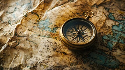 47. An ancient metal compass resting on an old, tattered map, pointing towards mystery