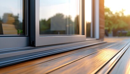 Modern sliding glass doors, gray frame, wooden deck.  Sunlight streams through