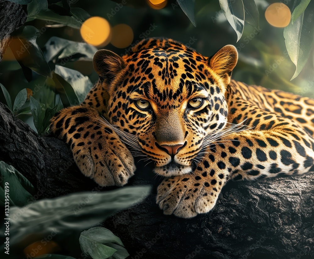 Poster majestic leopard resting on tree branch surrounded by lush greenery and soft bokeh lights, capturing