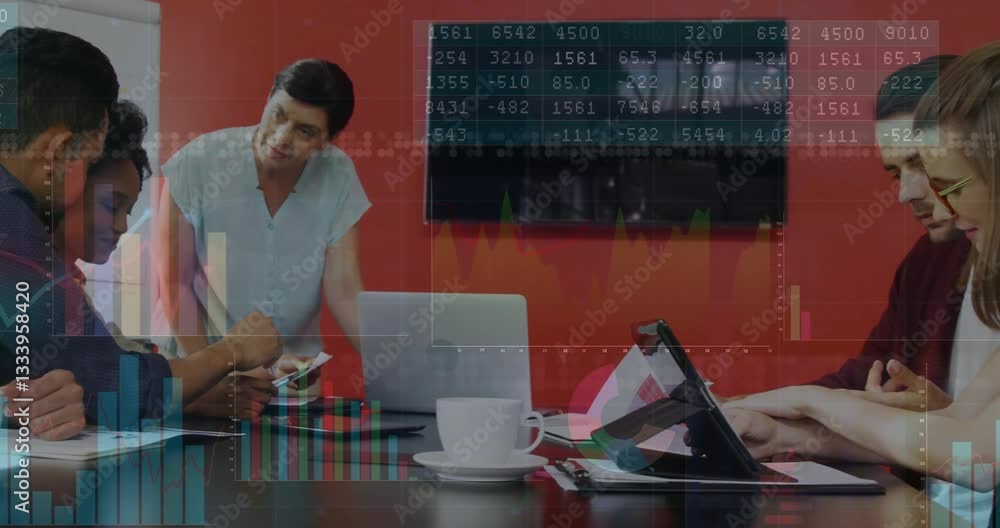 Poster analyzing financial data and graphs, diverse team in business meeting with animation