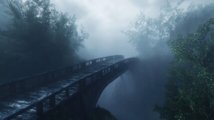Fototapeta premium A stone bridge leads through a foggy and mysterious landscape