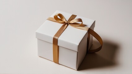 Obraz premium Elegant white gift box mockup with a tag and green leaves for branding or packaging design.