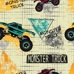 Energetic image of monster trucks on a background with grunge and geometric elements, suitable for creative media projects.