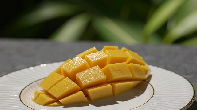 Sliced mango arranged in a hedgehog pattern on a decorative plate, set against a lush green outdoor background.

