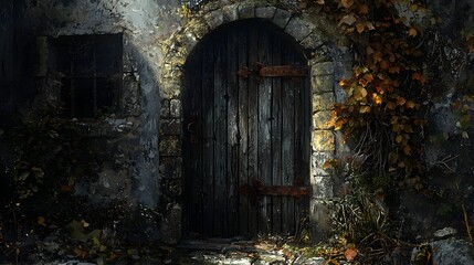 Fototapeta premium 71. A decaying wooden door reinforced with rusted iron hinges, hiding untold secrets