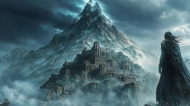 Mysterious Figure Overlooking an Ancient Fortress Beneath a Majestic Snow-Capped Mountain in a Dark Fantasy World

