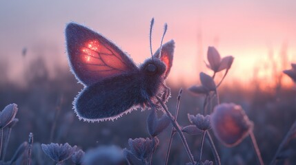 Frosted Butterfly in Magical Dawn Light with Delicate Background