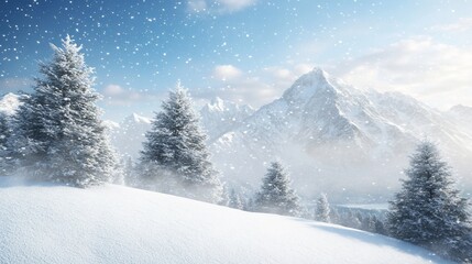 Fototapeta premium Snowy mountain landscape, winter trees, snowfall, idyllic scene, holiday card