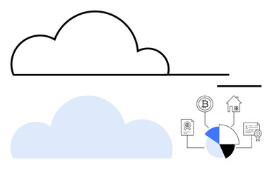 Abstract cloud outline with blockchain symbol, property icons, pie chart, and certifications. Ideal for data security, innovation, digital storage, cryptocurrency, finance analytics technology