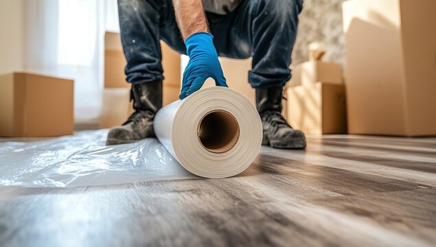 Worker Prepares Protective Floor Covering for Home Renovation Project During Moving Day