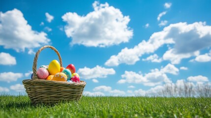 Colorful Easter eggs in basket on green grass