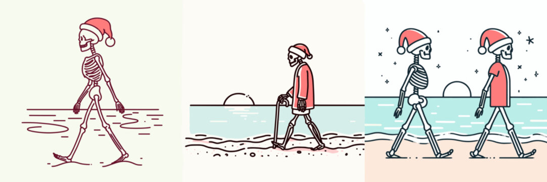 Skeleton wearing a Santa hat takes a peaceful walk on the beach minimalist monochrome vector graphic illustration
