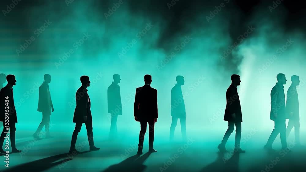 Poster group of silhouetted figures in suits walk through foggy, teal lit environment, creating mysterious 