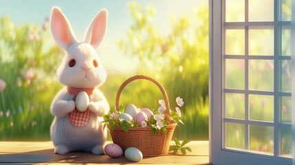 Adorable White Bunny Holding Easter Egg Beside Wicker Basket with Decorated Eggs and Flowers Near Sunlit Window