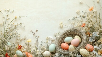 Pastel Easter Eggs in Rustic Bird Nest Surrounded by Delicate Dried Flowers and Lace on Soft Vintage Background