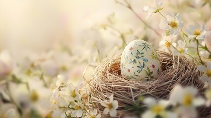 Hand-Painted Easter Egg in Straw Nest with Soft Spring Flowers on Warm Cream Background