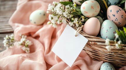 Easter Basket with Decorated Pastel Eggs, Blank Gift Tag, and Spring Flowers on Soft Fabric for Festive Holiday Celebration
