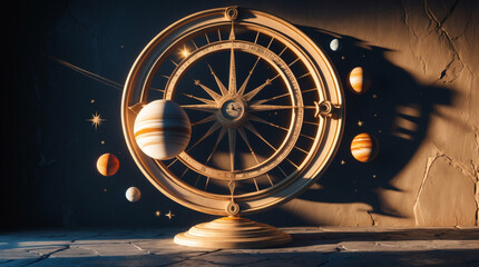 Celestial compass: A  ornate compass displays a miniature solar system, hinting at exploration and cosmic navigation.