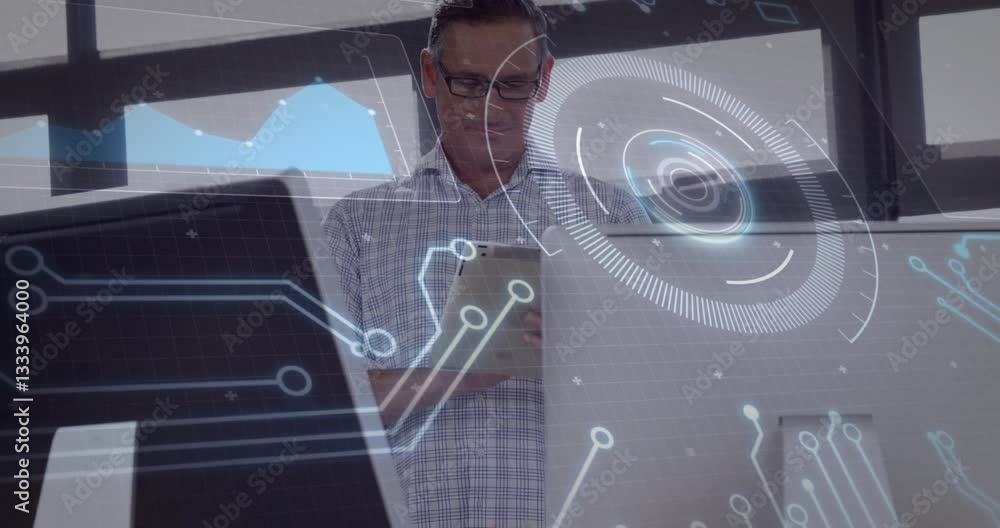 Aufkleber using tablet, businessman analyzing data with digital interface overlay in office