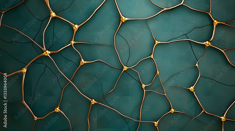 Poster a teal textured background overlaid with a network of gold, vein-like structures featuring spherical