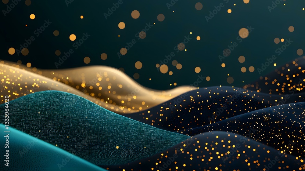 Poster abstract image of dark teal and black undulating hills or waves speckled with golden bokeh lights.
