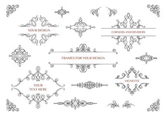 Set of decorative elements for design. Hand drawn ornate frames, borders, dividers. Vintage vector collection.