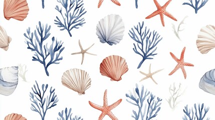 Watercolor seamless pattern featuring seashells, starfish, and sea coral on a white background