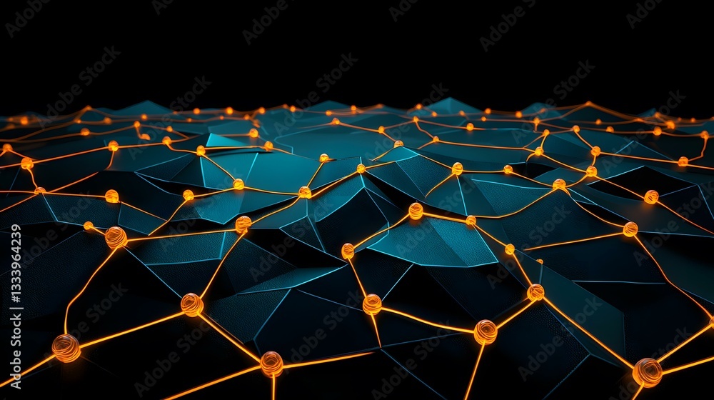 Poster the image shows a dark teal, low-polygonal landscape with glowing orange nodes connected by luminous