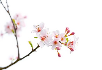 Fototapeta premium Single cherry blossom tree isolated on white background, ample copy space, petals, wallpaper