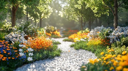 Scenic Pathway Through Vibrant Flower Garden Surrounded by Lush Green Trees in Morning Light with Colorful Blooms and Tranquil Atmosphere
