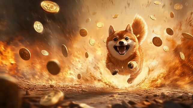 Shiba Inu running through fire, coins raining, digital art, finance